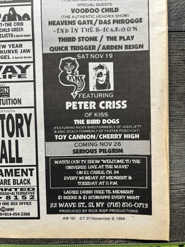 KISS Concert Ad Advert PETER CRISS Nov 19 1994 The Wave NY Vintage Kiss C - Image 2