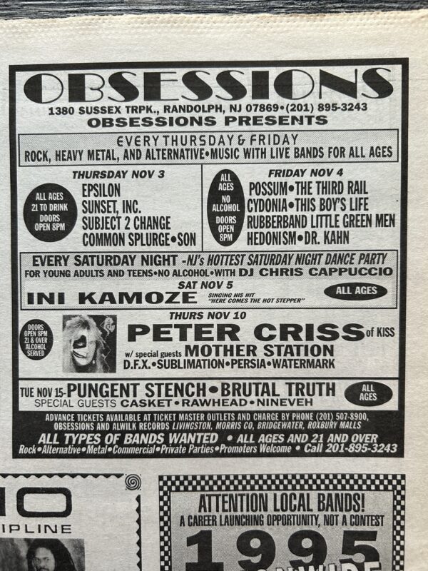 KISS Concert Ad Advert PETER CRISS Nov 10 1994 Obsessions NJ Vintage Kiss B