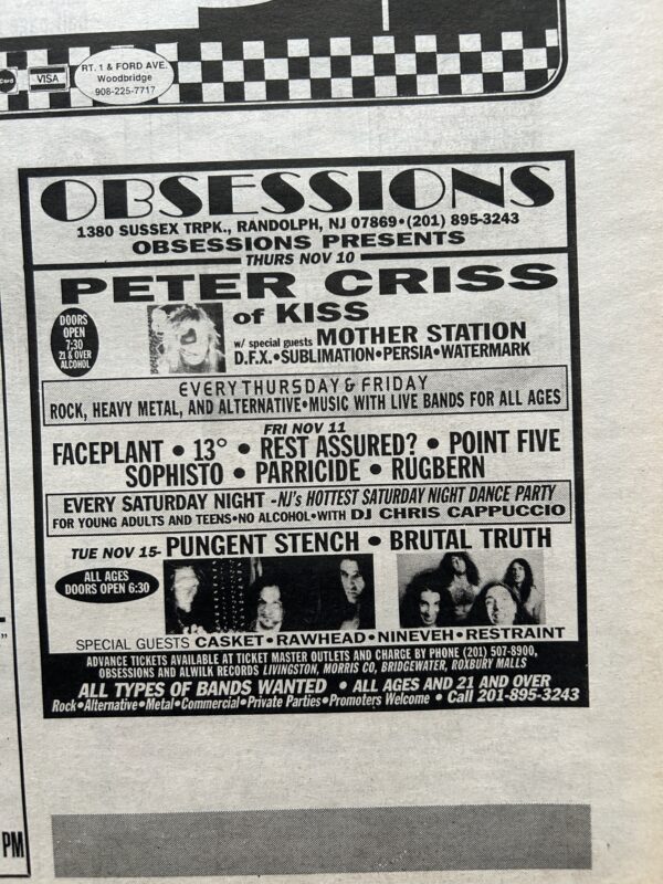 KISS Concert Ad Advert PETER CRISS Nov 10 1994 Obsessions NJ Vintage Kiss C