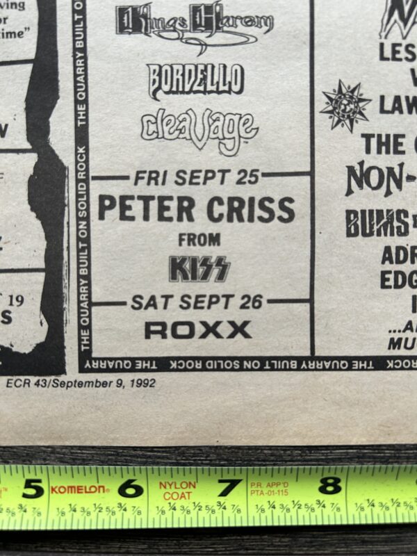 KISS Concert Ad Advert PETER CRISS Rock Quarry NJ 1992 Ace Frehley Vintage Kiss