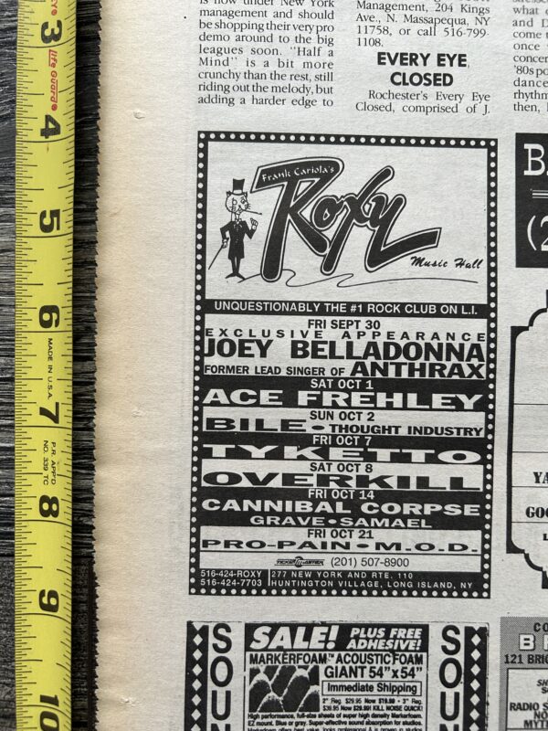 KISS Concert Ad Advert ACE FREHLEY 1994 Roxy NY Vintage Kiss A Cannibal Corpse