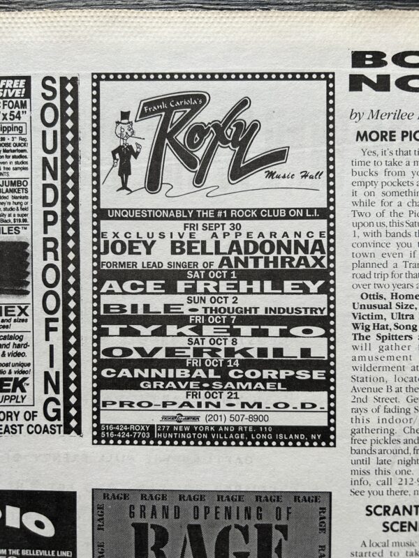 KISS Concert Ad Advert ACE FREHLEY 1994 Roxy NY Vintage Kiss C Cannibal Corpse