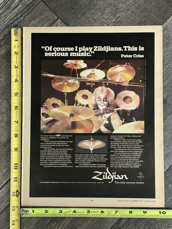 KISS Ad Advert PETER CRISS Zildjian Cymbals Drums Vintage Kiss Aucoin 10x13