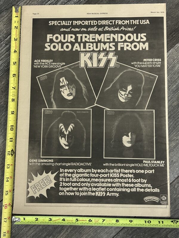 KISS Ad Advert Mini Poster 1978 Solo Albums Vinyl UK Vintage Kiss Aucoin 12x17