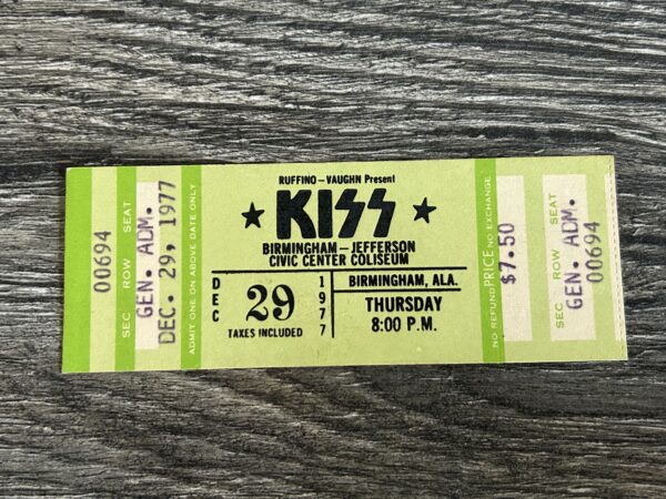 KISS FULL TICKET STUB Alabama 12/29 '77 Alive 2 Concert Tour Vintage Kiss Aucoin