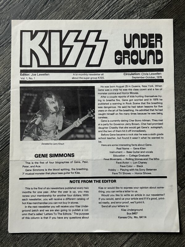 KISS Fanzine Newsletter Magazine Kiss Underground #1 1978 Vintage Kiss Aucoin