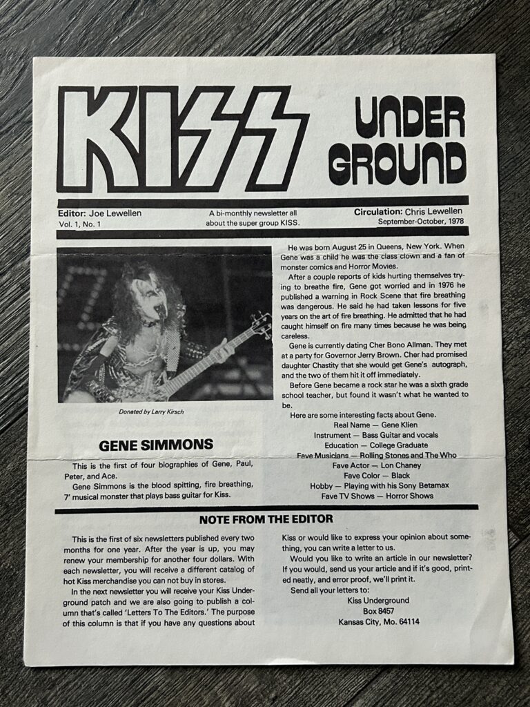 KISS Fanzine Newsletter Magazine Kiss Underground #1 1978 Vintage Kiss Aucoin