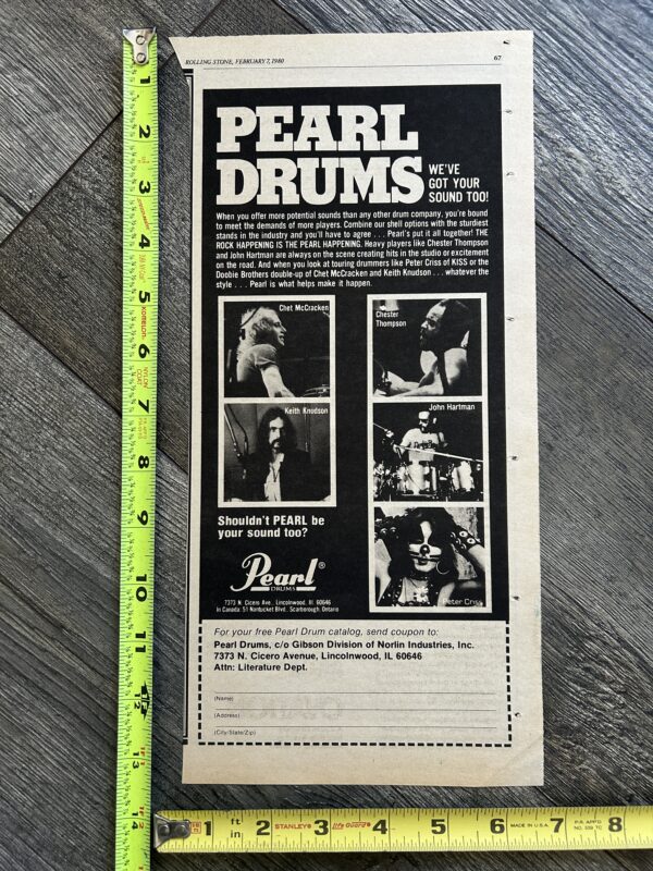 KISS Ad Advert PETER CRISS Pearl Drums 1980 Vintage Kiss Aucoin Catman 13.5"