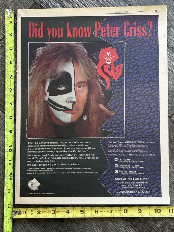 KISS Ad Advert PETER CRISS Cat Solo Album CD 1994 11x14 Vintage Kiss Catman