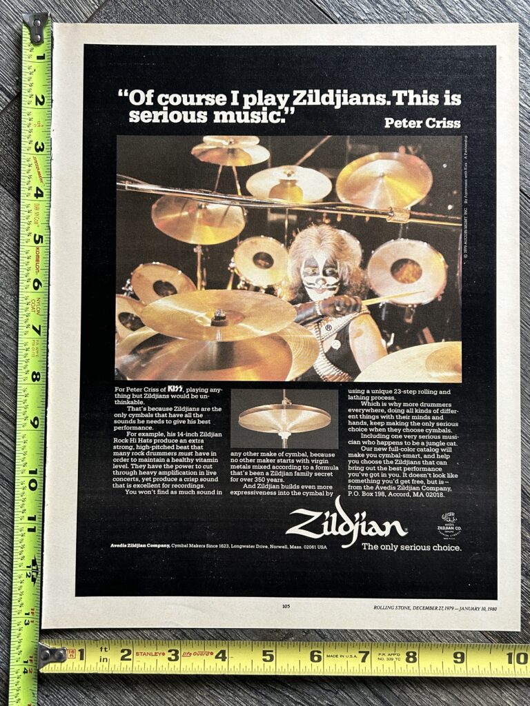 KISS Ad Advert Peter Criss Zildjian Cymbals 1979 Vintage Kiss Aucoin 10x13