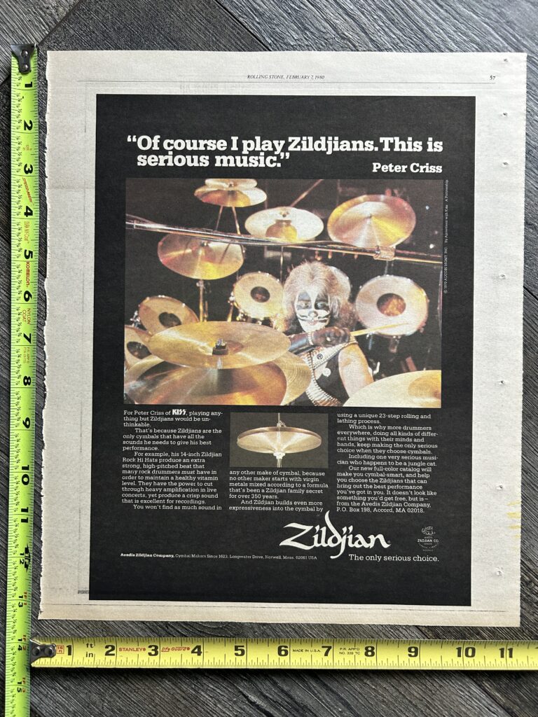 KISS Ad Advert Peter Criss Zildjian Cymbals 1980 Vintage Kiss Aucoin 11x13