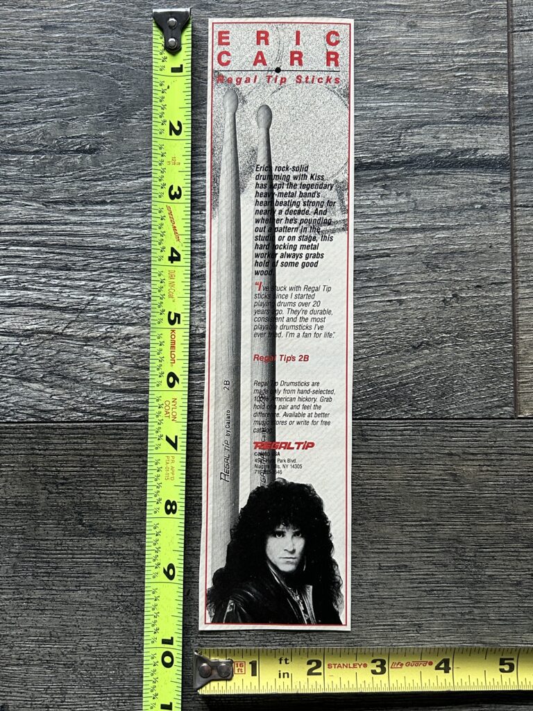 KISS Ad Advert ERIC CARR Regal Tip Drumsticks Crazy Nights Fox 1987 Vintage Kiss