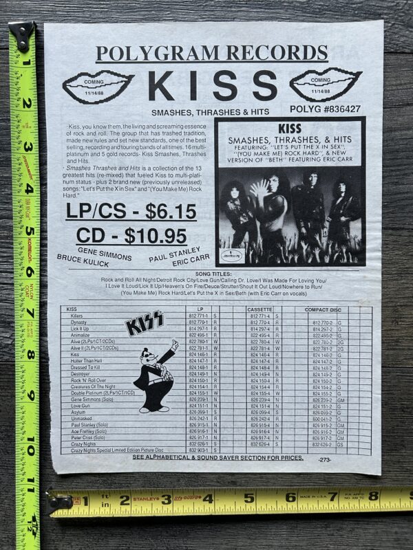 KISS Ad Advert Sales Sheet Smashes Thrashes & Hits & Back Catalog Vintage Kiss