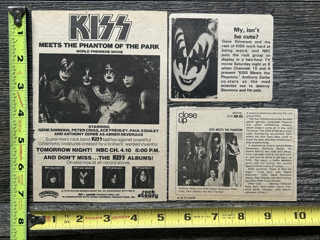 KISS Meets The Phantom Ad Advert 1978 NBC TV Movie 3pc Lot Vintage Kiss Aucoin