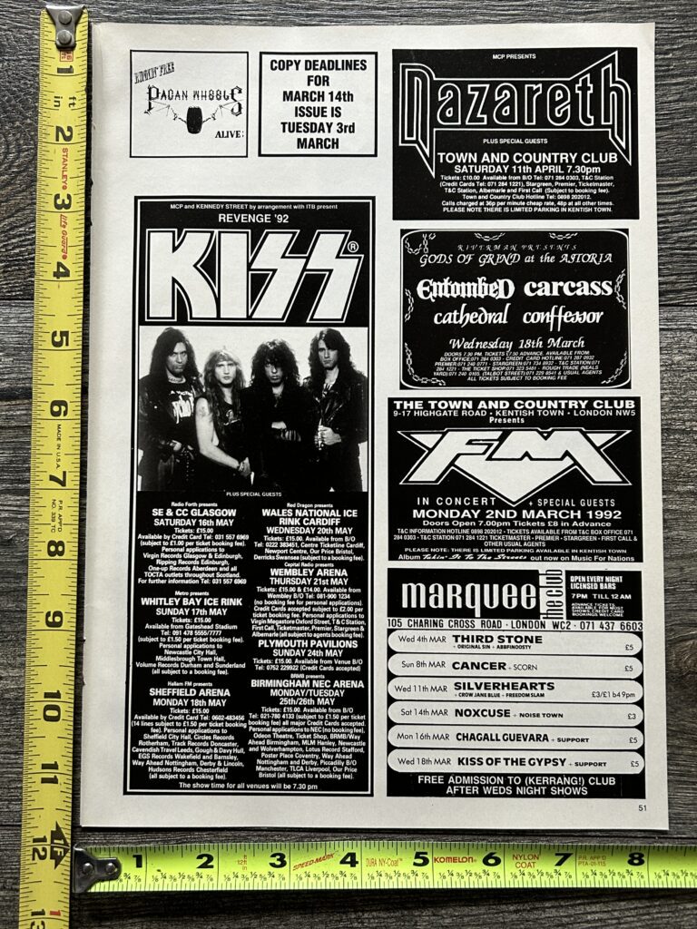 KISS Ad Advert Revenge Concert Tour 1992 UK Dates Vintage Kiss Bruce Kulick