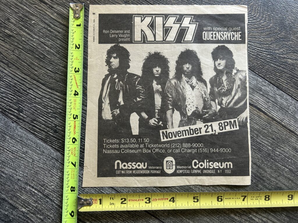 KISS Concert Ad Advert Animalize Tour Nassau NY 1984 Vintage Kiss Queensryche