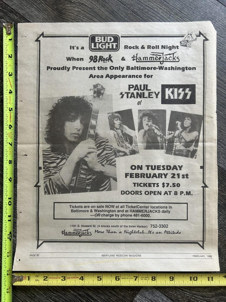 KISS Concert Ad Advert PAUL STANLEY Tour 1989 Hammerjacks Vintage Kiss 11x14