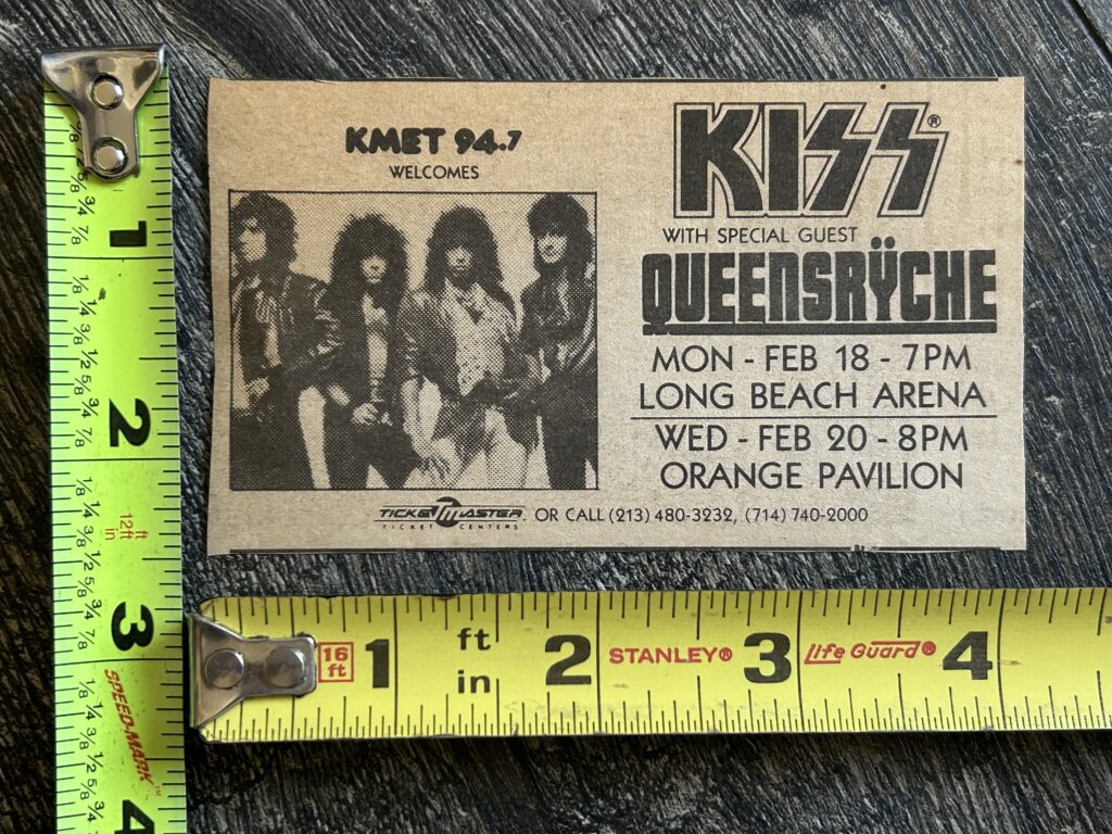 KISS Concert Ad Advert Animalize Tour Long Beach CA '85 Vintage Kiss QUEENSRYCHE