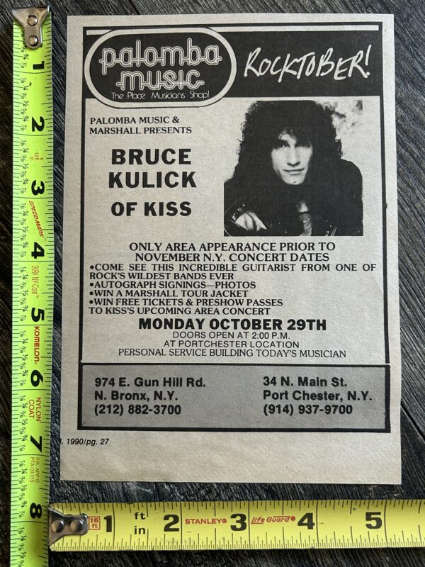 KISS Concert Ad Advert BRUCE KULICK Palomba Music NY Oct 29 1990 Vintage Kiss