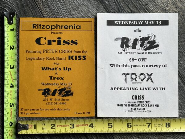 KISS Handbill Concert Ad Flyer PETER CRISS The Ritz NYC May 13 Lot Vintage Kiss
