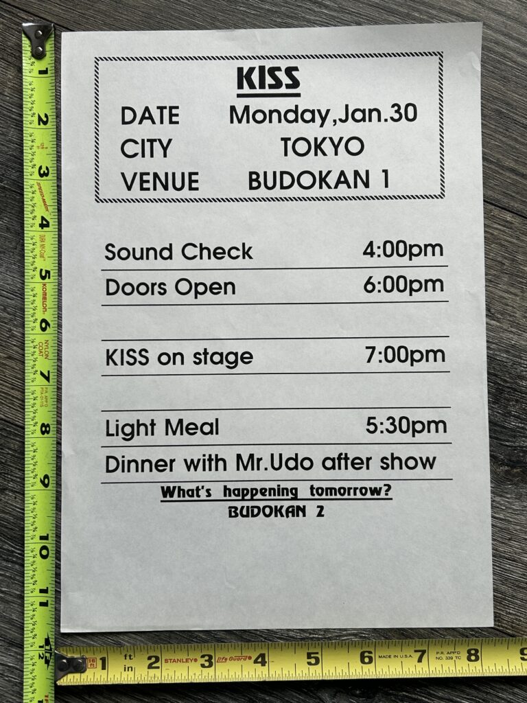 KISS Concert Backstage Sign Tokyo Japan Jan 30 1995 Show Schedule Vintage Kiss