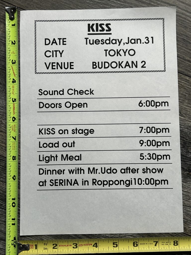 KISS Concert Backstage Sign Tokyo Japan Jan 31 1995 Show Schedule Vintage Kiss