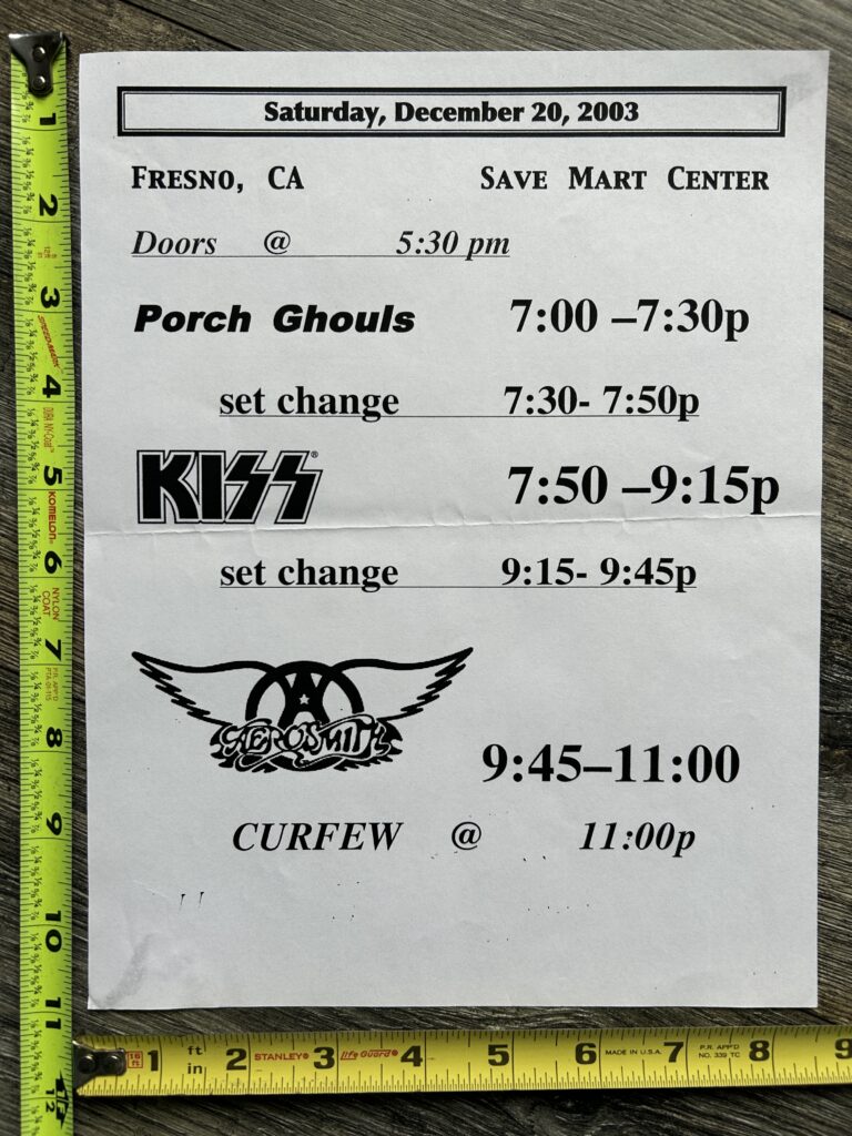 KISS Concert Backstage Sign Fresno CA 2003 Show Schedule Vintage Kiss Aerosmith