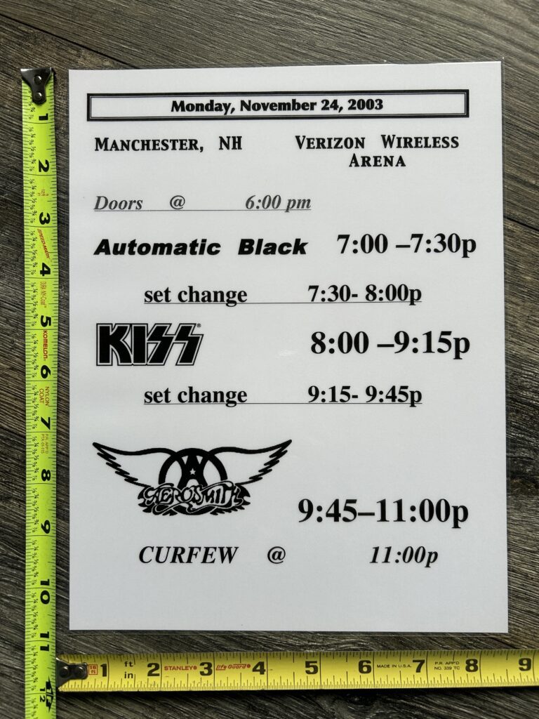 KISS Concert Backstage Sign New Hampshire 2003 Schedule Vintage Kiss Aerosmith