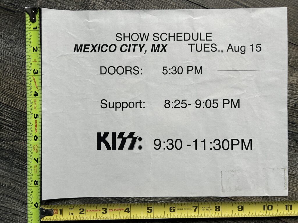 KISS Concert Backstage Sign Mexico City Aug 15 2004 Show Schedule Vintage Kiss