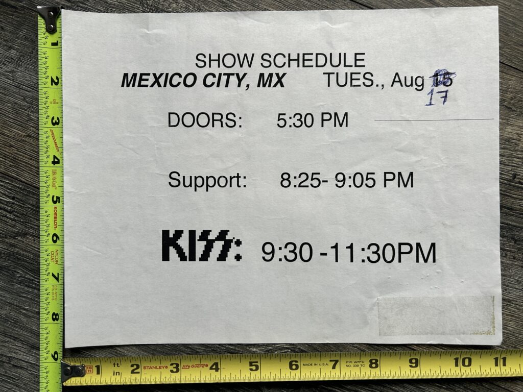 KISS Concert Backstage Sign Mexico City Aug 17 2004 Show Schedule Vintage Kiss
