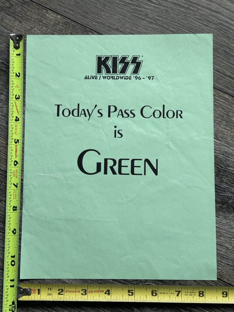 KISS Concert Backstage Sign Alive Reunion Tour Green Satin Pass Vintage Kiss