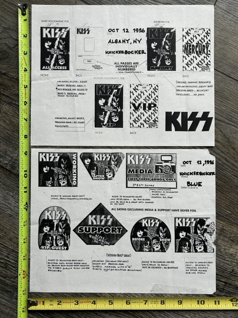 KISS Concert Backstage Sign Pass Samples Reunion Tour Albany NY Set Vintage Kiss
