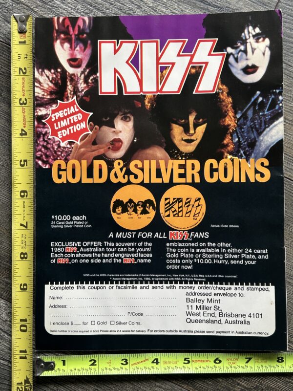 KISS Ad Advert Gold Silver Coin Australia Unmasked Tour 1980 Vintage Kiss Aucoin