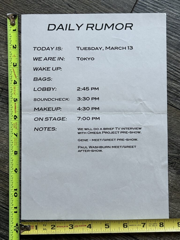 KISS Itinerary Schedule Farewell Tour Tokyo Japan March 13 2001 Vintage Kiss