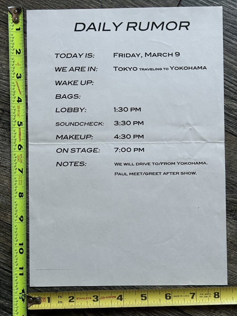 KISS Itinerary Schedule Farewell Tour Yokohama Japan March 9 2001 Vintage Kiss