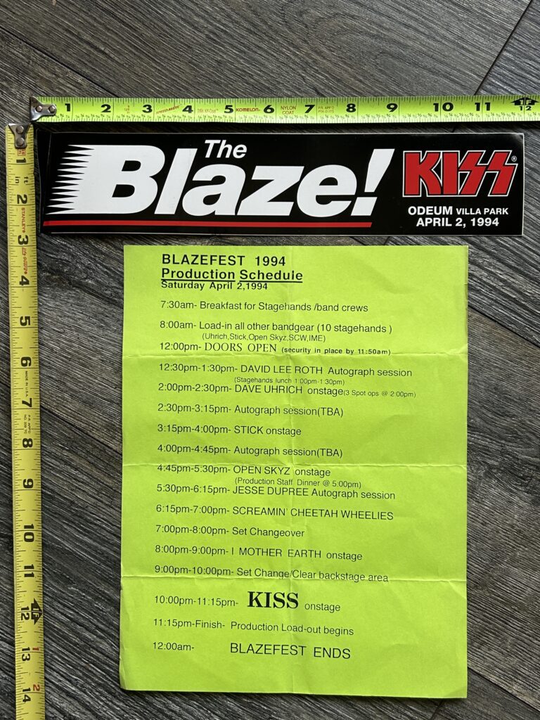 KISS Concert Backstage Sign Blazefest Schedule Promo Bumper Sticker Vintage Kiss