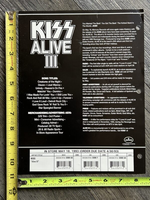 KISS Ad Advert Alive 3 CD Cassette Promo Sales Sheet USA 2sided Vintage Kiss B