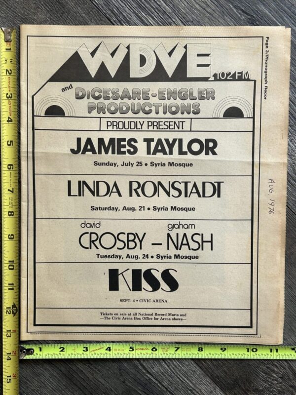 KISS Concert Ad Advert Destroyer Tour Pittsburgh Sept 4 1976 Vintage Kiss Aucoin