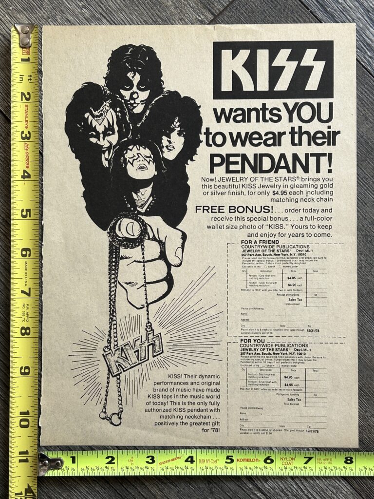 KISS Ad Advert Kiss Logo Necklace Pendant Jewelry 1978 Vintage Kiss Aucoin D