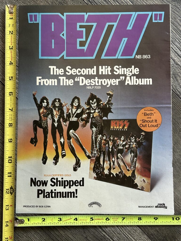 KISS Ad Advert Beth Single Destroyer Vinyl Platinum 1976 Vintage Kiss Aucoin