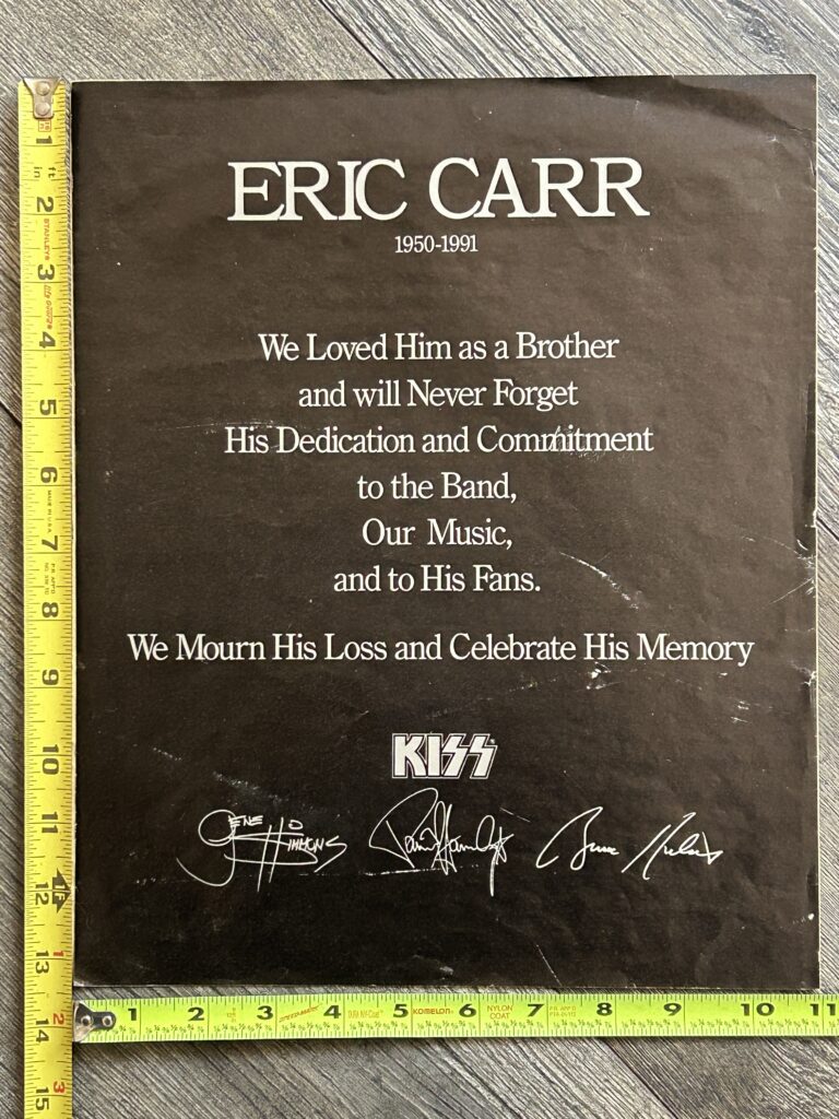 KISS Ad ERIC CARR Tribute Celebrate His Memory Gene Paul Bruce 1991 Vintage Kiss