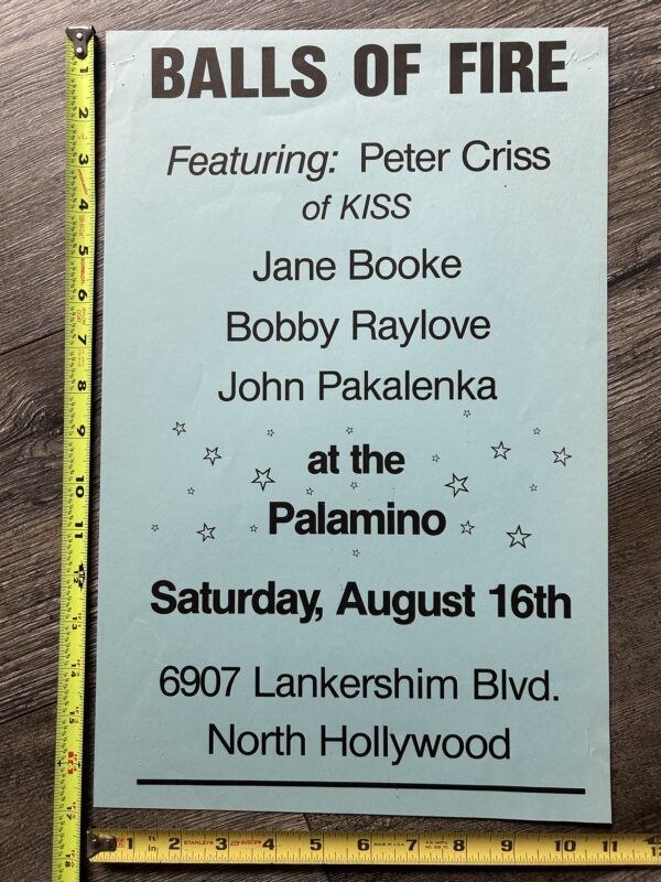 Kiss Concert Poster PETER CRISS Balls Of Fire Palomino CA Blue Vintage Kiss