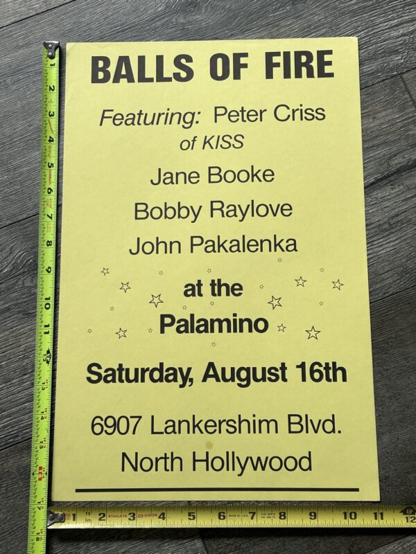 Kiss Concert Poster PETER CRISS Balls Of Fire Palomino CA Yellow Vintage Kiss
