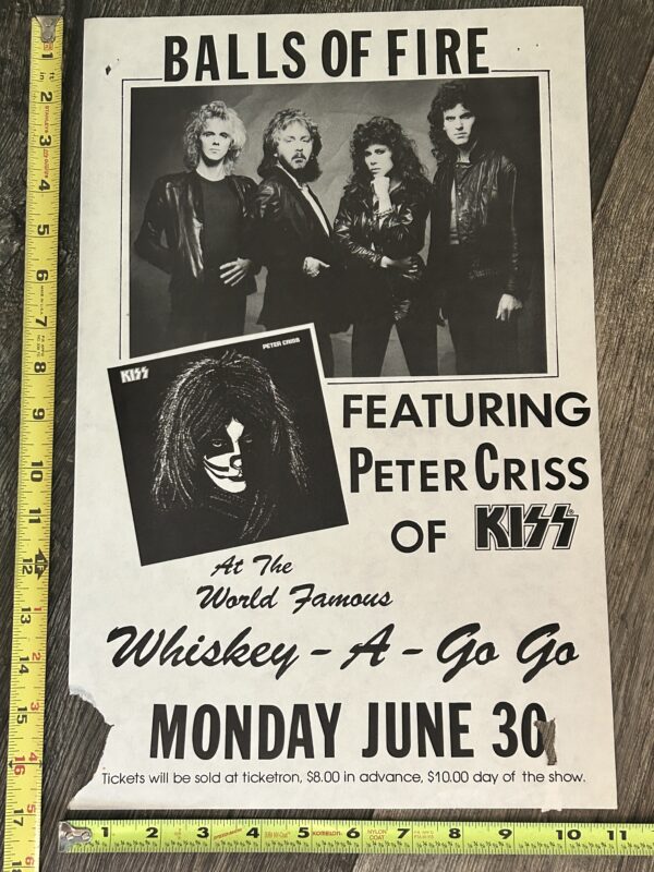 Kiss Concert Poster PETER CRISS Balls Of Fire Whiskey A Go Go 1986 Vintage Kiss
