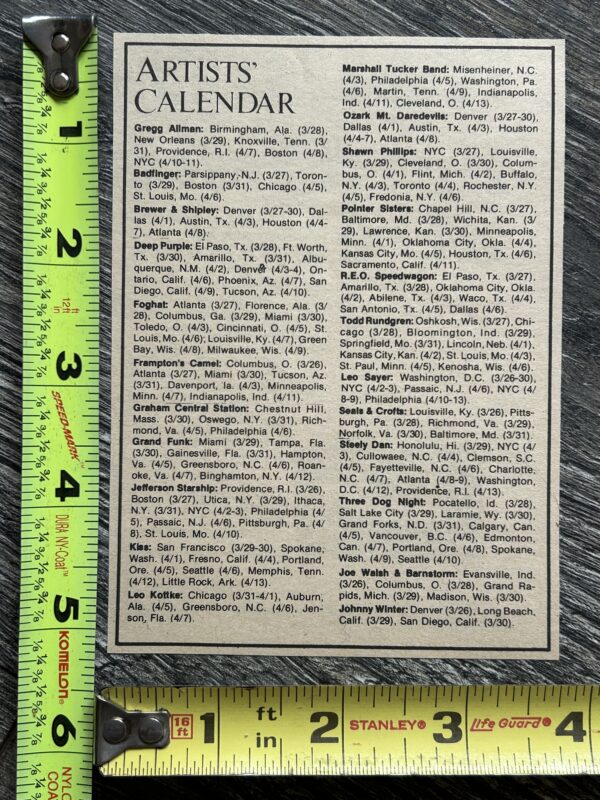 KISS Concert Ad 1st Tour Calendar 1974 Original Show Dates Vintage Kiss Aucoin A