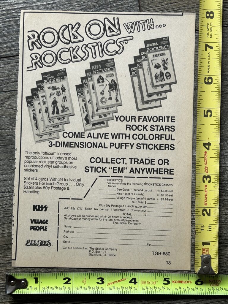 KISS Ad Rockstics Puffy Stickers Order Form Vintage Kiss Memorabilia Aucoin 1978