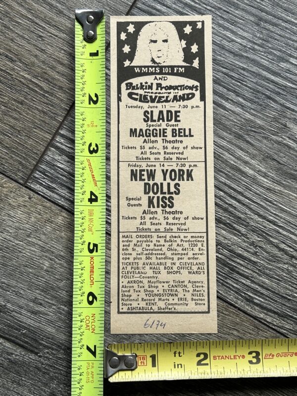 KISS Concert Ad 1st Tour June 14 1974 Cleveland OH Vintage Kiss Aucoin NY Dolls