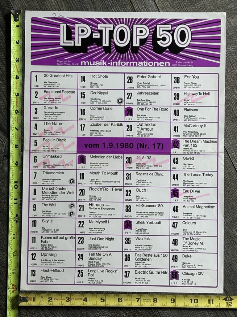 KISS Poster Top 50 Vinyl Record Chart UNMASKED #6 Germany Vintage Kiss Aucoin