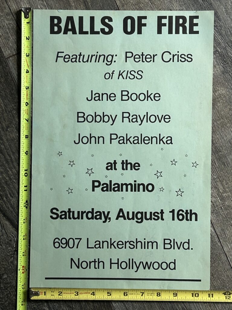 Kiss Concert Poster PETER CRISS Balls Of Fire Palomino CA Green Vintage Kiss