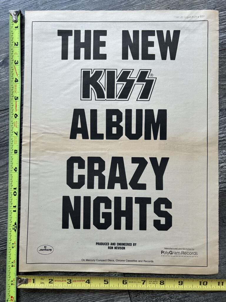 KISS Ad Advert Crazy Nights Album 11x14 Vintage Memorabilia Kiss Carr Kulick